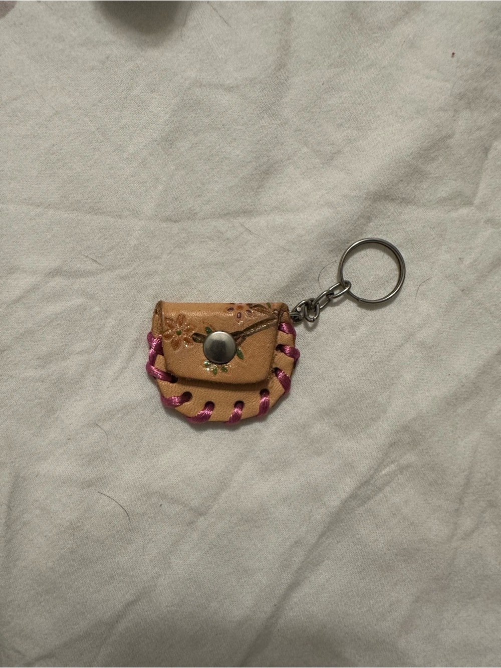 Handcrafted Tan Leather Mini Purse Keychain with Pink Accents
